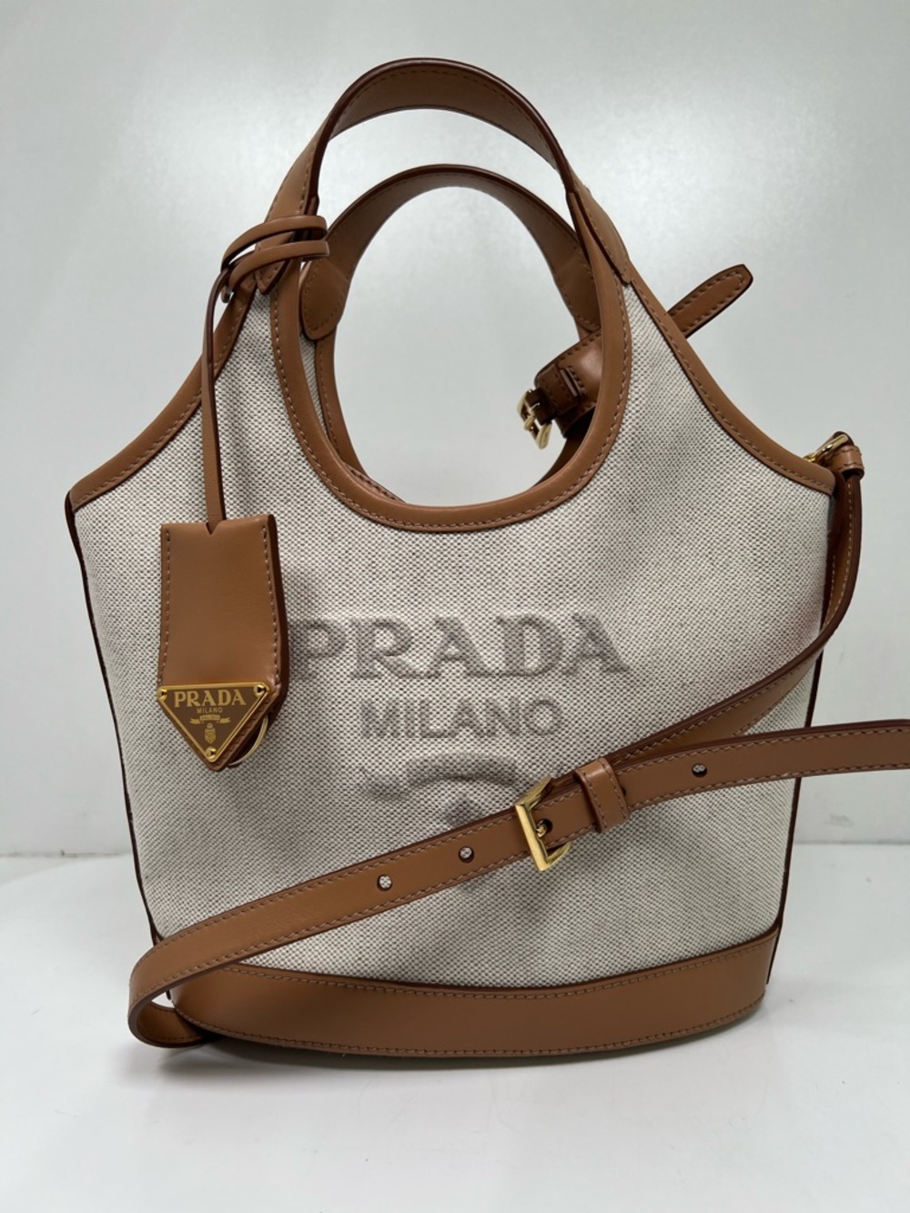 Prada Medium Canvas Leather Logo Tote Bag Natural Tan Crossbody Shoulder Italy - Picture 1 of 13